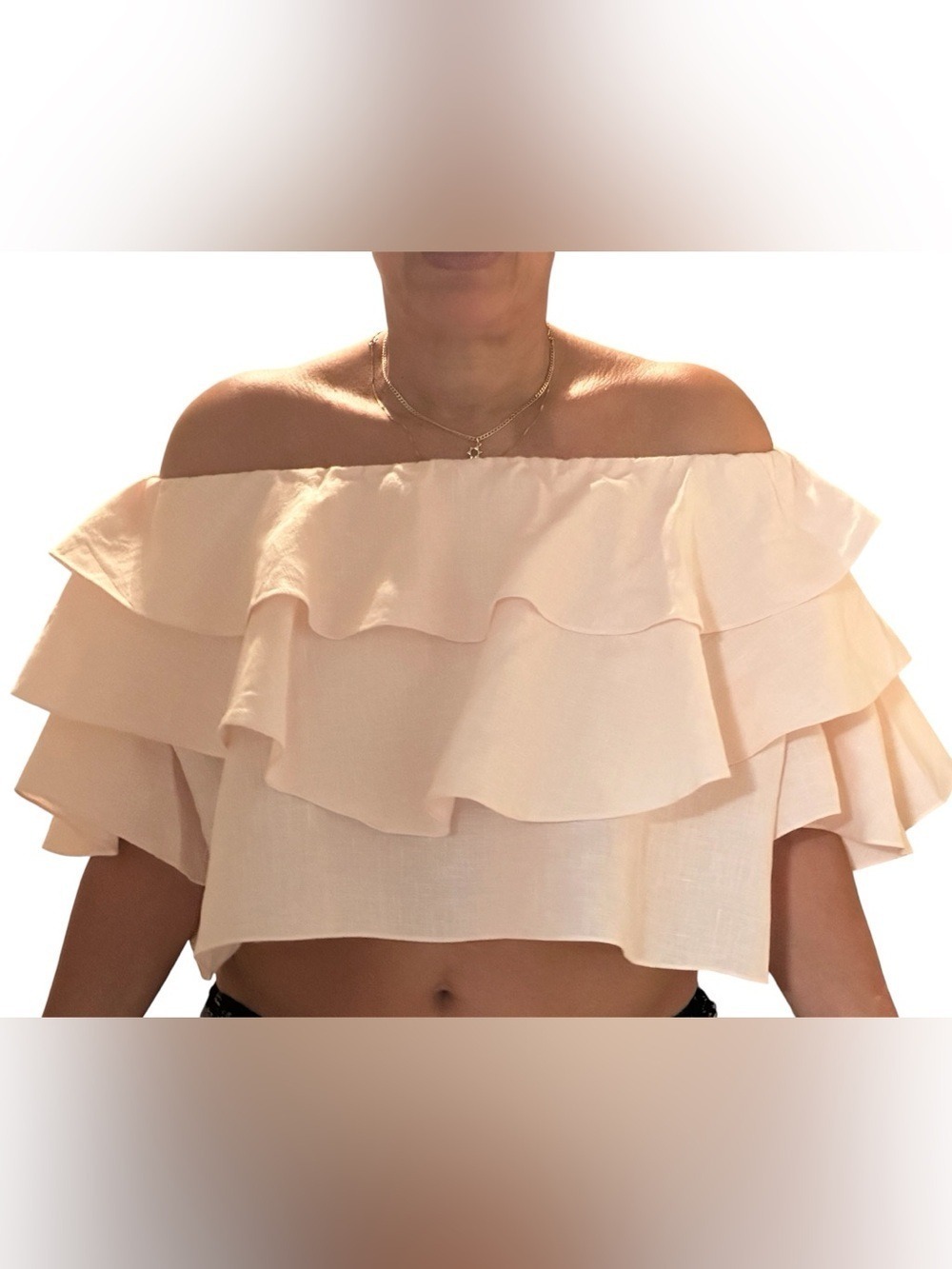 MLM LABEL MAISON LIGHT PINK RUFFLED LAYERED OFF-THE- SHOULDER CROP TOP SZ XS